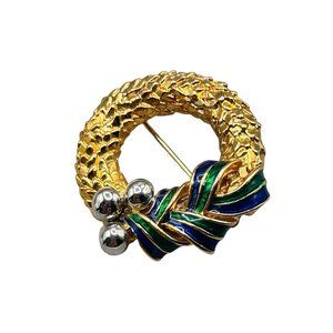 Vintage Classic & Elegant Wreath Pin Brooch Textured Gold Tone Green Blue Enamel